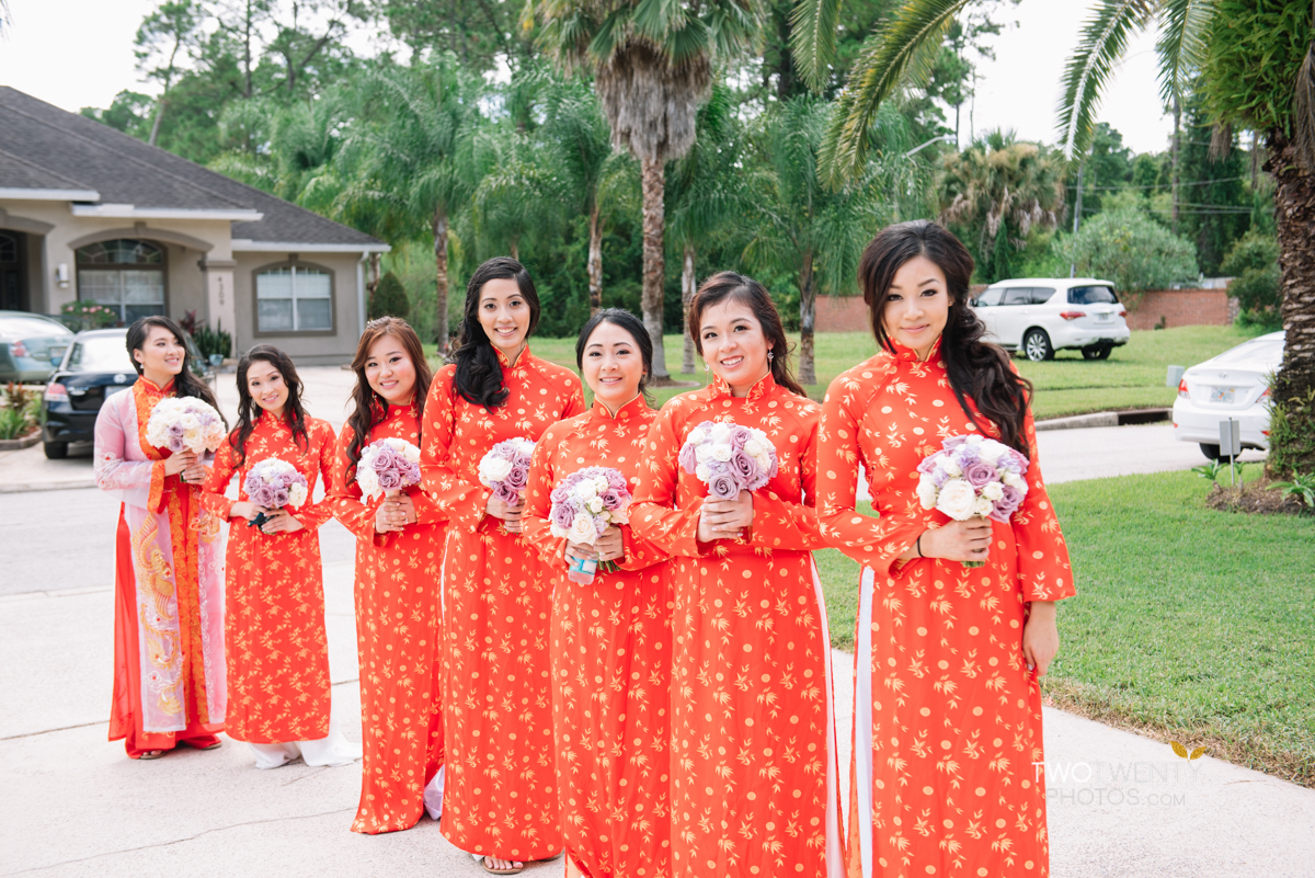 A photo of me and the other bridesmaids in traditional Vietnamese dress at my cousin's wedding