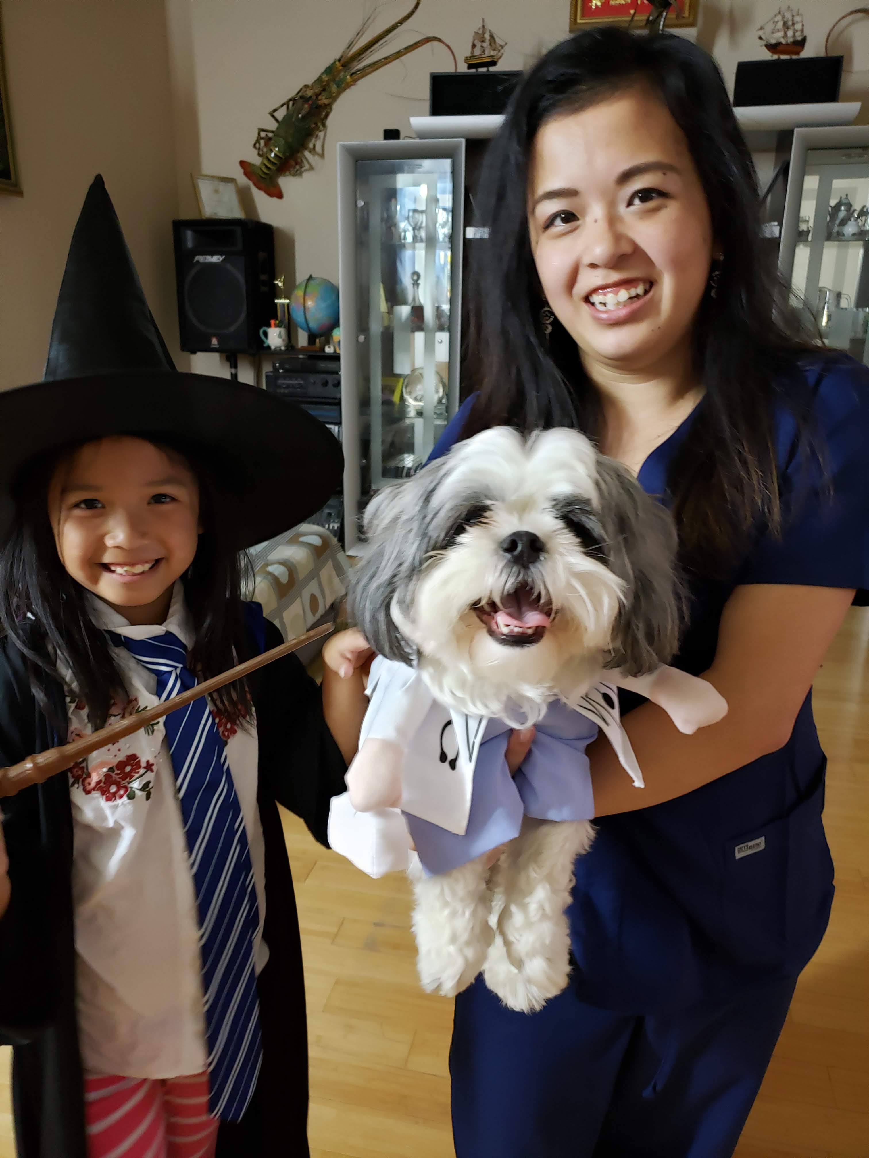 Here is a photo of Damian, my dog, from Halloween last year. We dressed him up as a dog-tor, and I matched with him as a nurse. Kimmy matched us in color, as she went as a Ravenclaw.