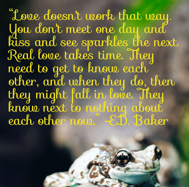 “Love doesn't work that way. You don't meet one day and kiss and see sparkles the next. Real love takes time. They need to get to know each other, and when they do, then they might fall in love. They know next to nothing about each other now.”