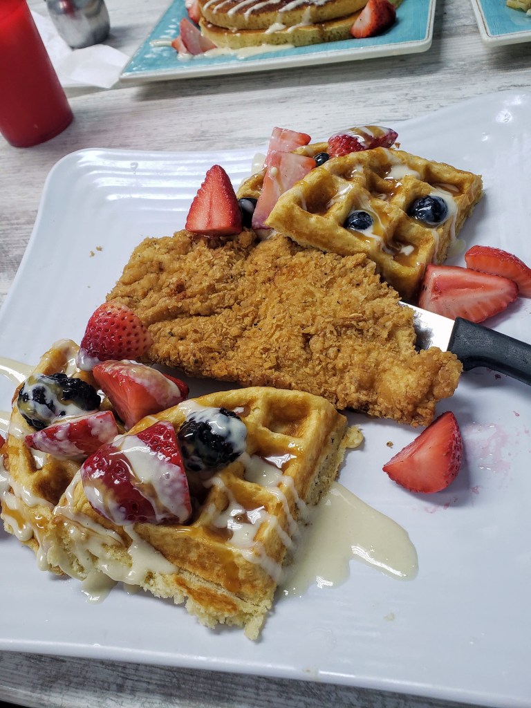 My order of chicken and waffles from Merritt Island Pancake House. My boyfriend went ahead and told everyone that I was the crazy person who would order waffles at a pancake place.