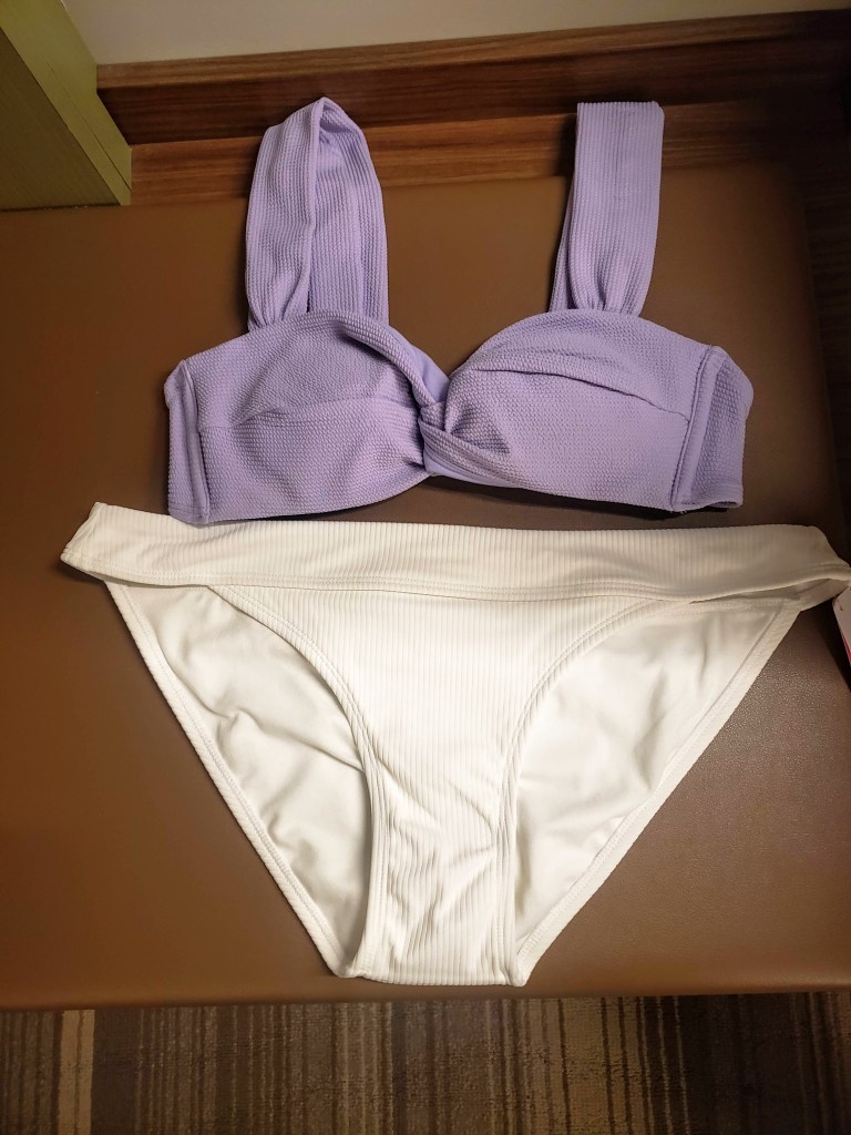 You would think that the Florida girl would have a bathing suit packed and ready to go, but no. I thought it was going to be cold, so even though I really wanted to go swimming, I told myself that I would not be investing in a full-priced bathing suit. This clearance one was perfect, especially since I love the lavender color.