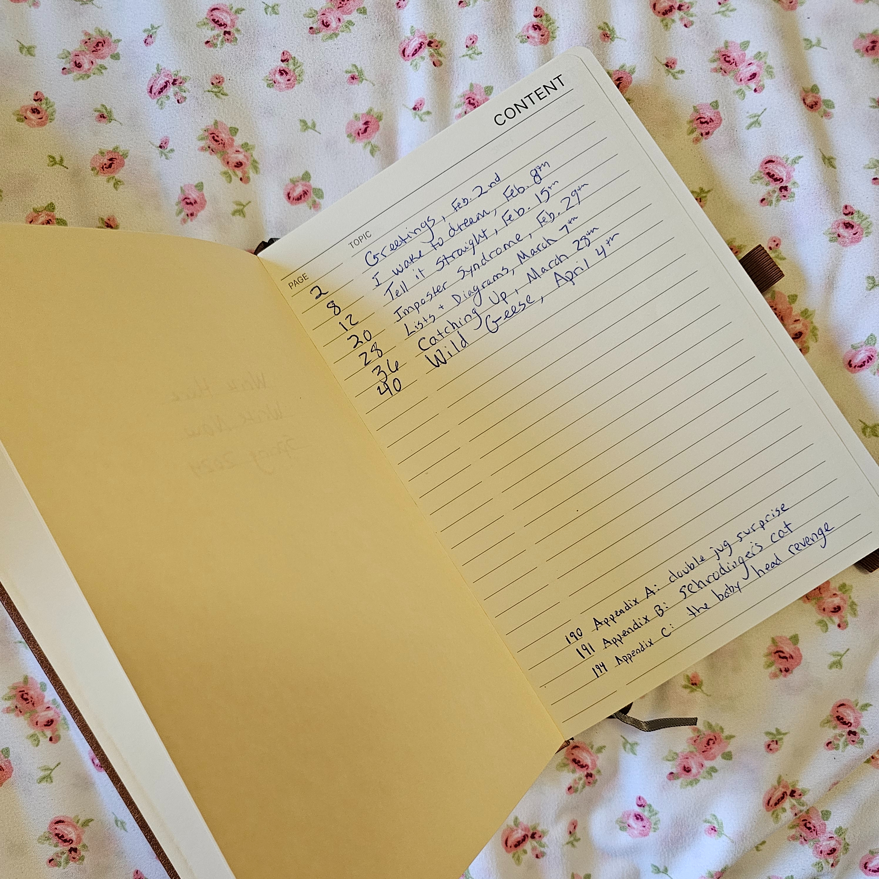 So I think it would be a lot of exposure if I were to take a picture of the actual letters that were written in the journal, but I will tease you with what the Table of Contents since it isn't too revealing.