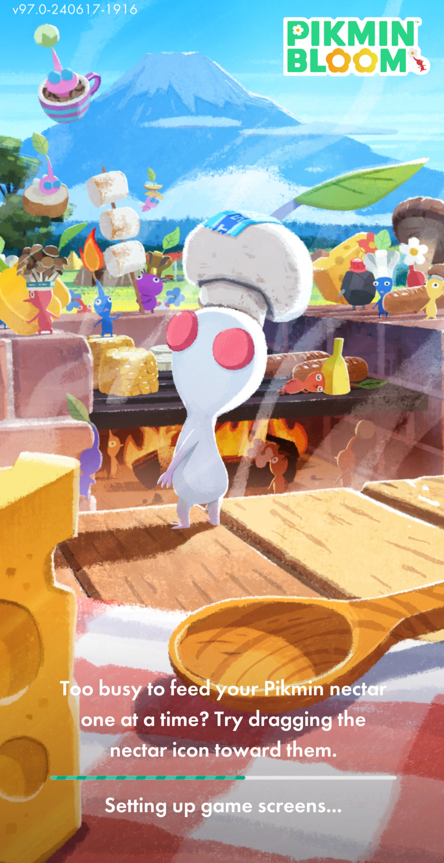 Sometimes I take a screenshot of the Pikmin Bloom welcome image because it presents the Pikmin in such an appealing way. This one is from May, when the theme of the month was cheeses.