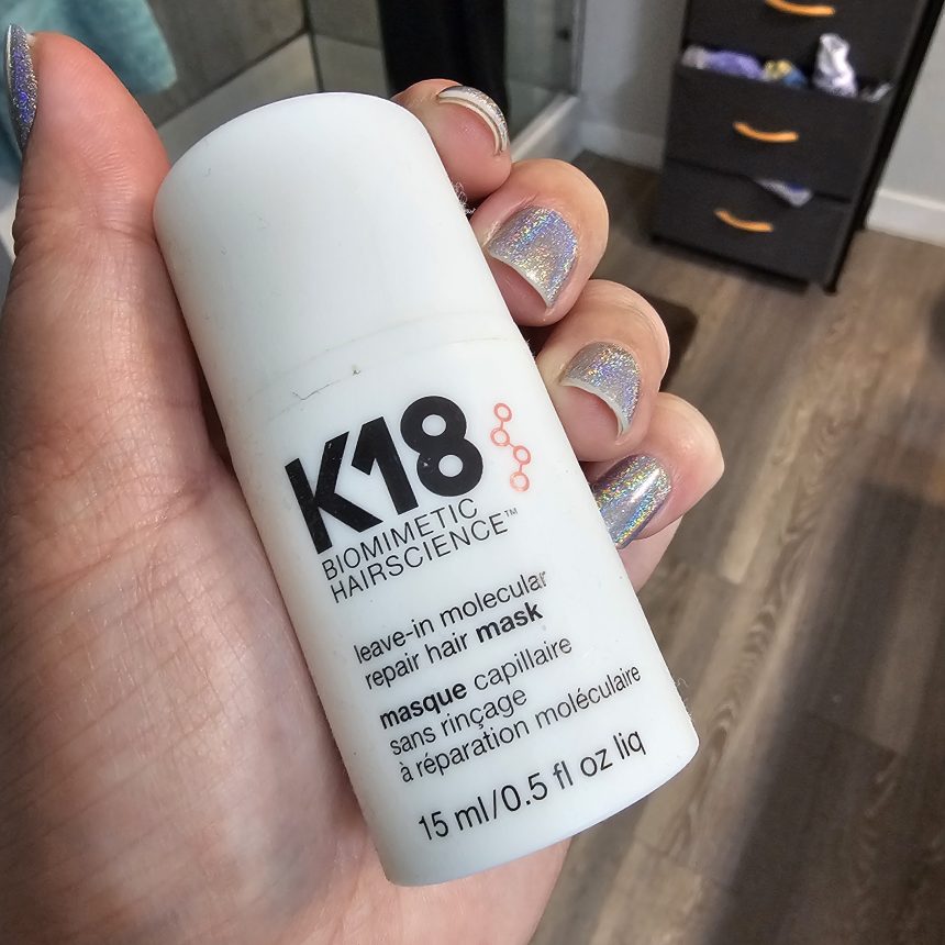 My empty bottle of K18 Leave-In Molecular Repair Hair Mask... you probably can't even tell it's empty since the bottle is white.